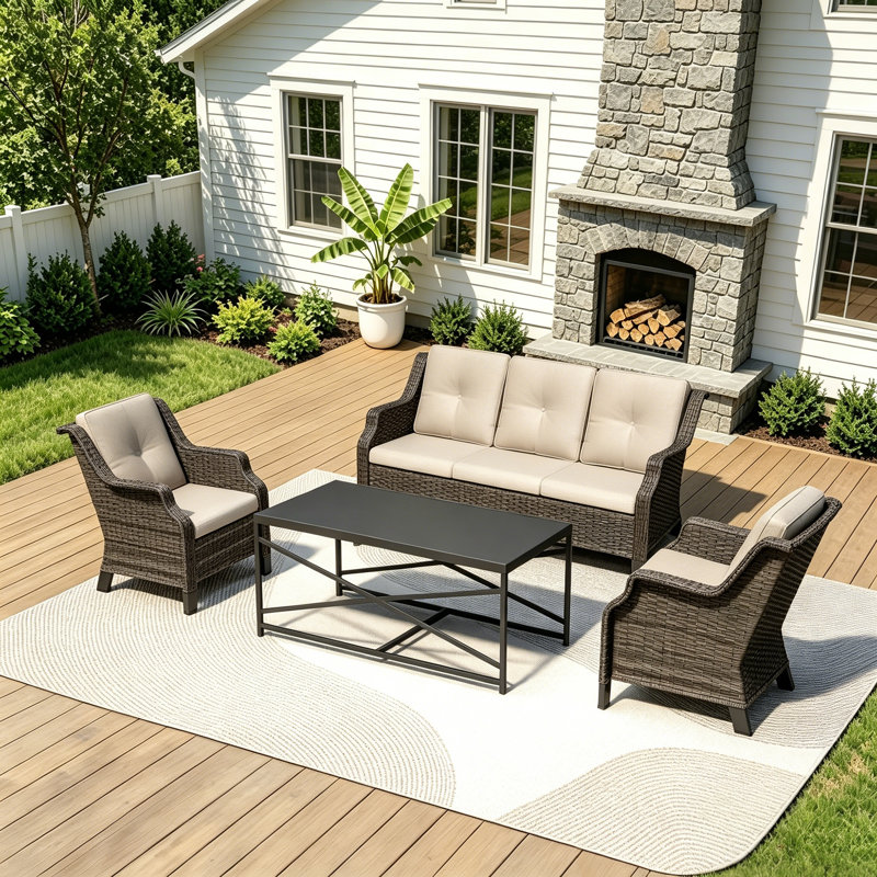 4-Piece PE Wicker Patio Furniture Set, 3-Seat Sofa,2 Chairs,Coffee Table & Beige Cushion, Beige