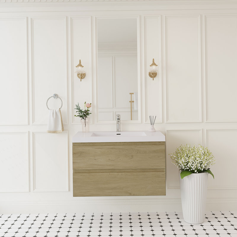 Meuble-lavabo flottant avec lavabo, armoire de rangement murale, plateau à surface solide, tiroirs à fermeture en douceur pour une utilisation organisée dans la salle de bain