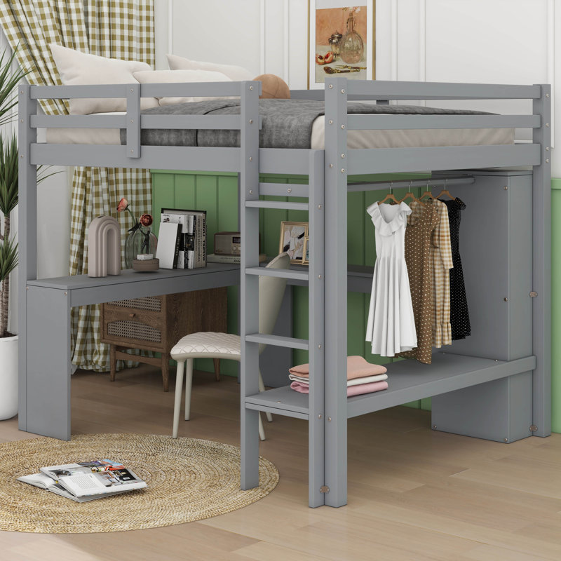 Lit mezzanine simple avec bureau en L, garde-robe et tablettes, Gris, Lit simple