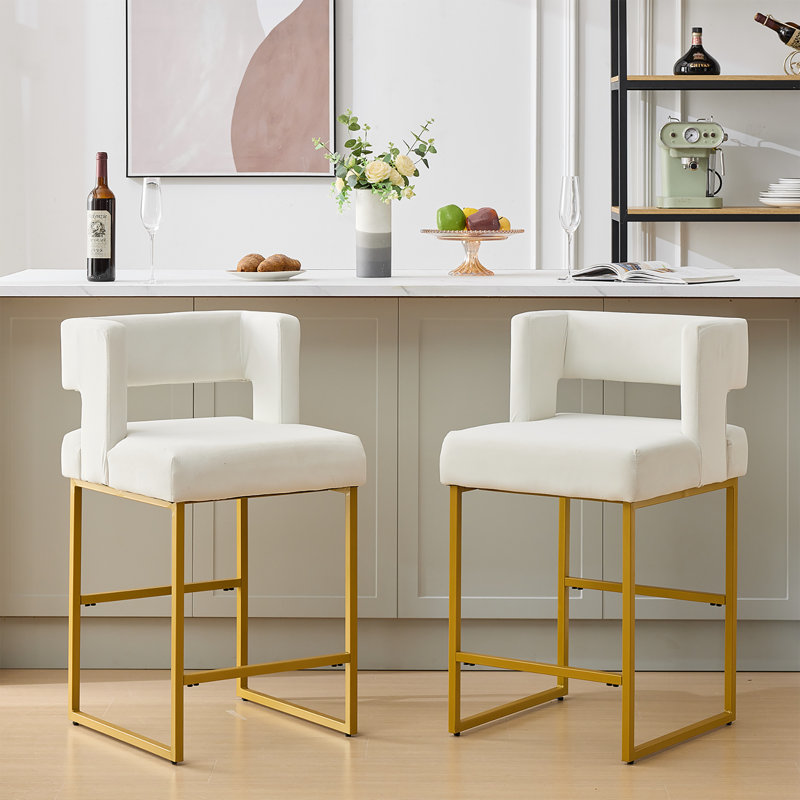 Upholstered 26'' Counter Stool with Metal Frame (Set of 2), White, Gold