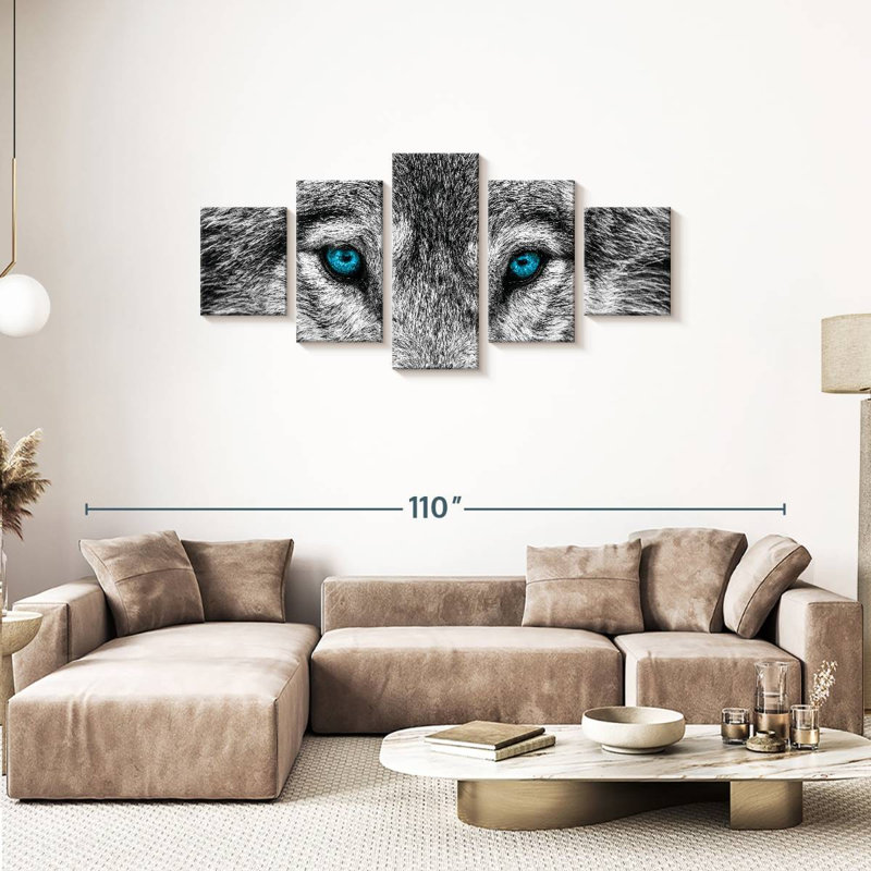 Loup loup frais sur toile, 5 pièces, H 34 po x l 74 po