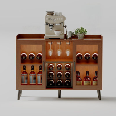 Freestanding Wine Bar Cabinet with Wine Rack and LED Light, Kitchen Sideboard and Buffet Cabinet Coffee Bar with Glass Holder, with Glass Door for Liv by Wrought Studio