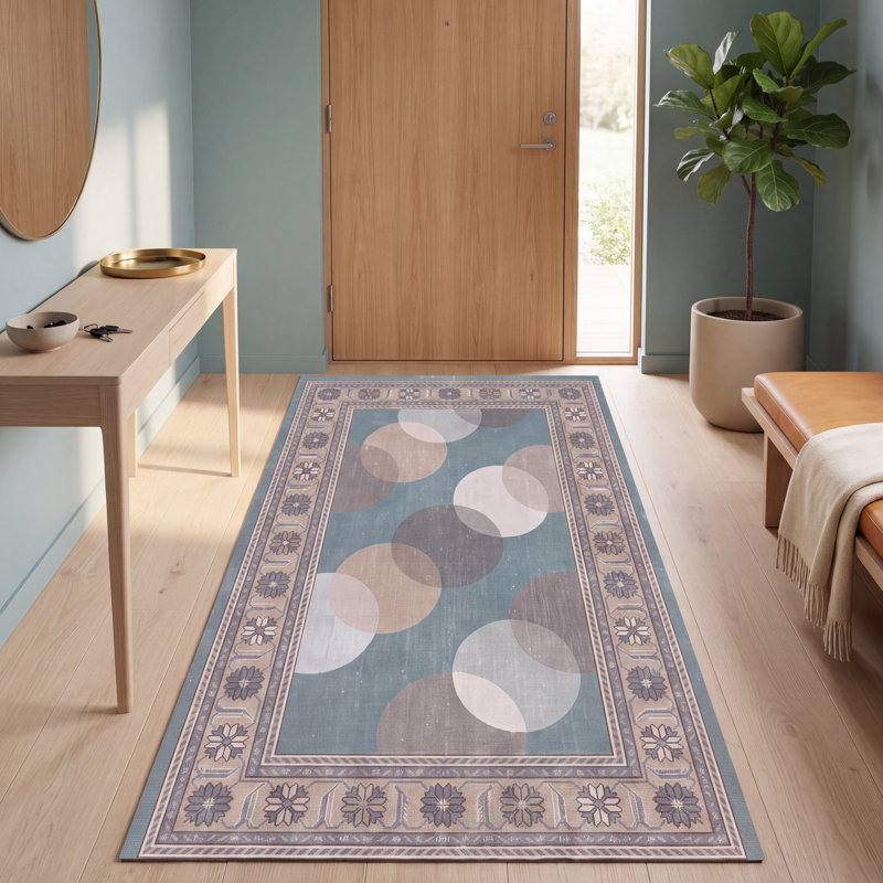 Tapis Hawthorn Modern Circles géométrique bleu sarcelle beige gris brun blanc, lavable à la machine, antidérapant, à poils courts, pour l'intérieur et l'extérieur, adapté aux animaux domestiques, idéal pour le salon, la chambre, la salle à manger, l'entrée, le couloir ou le bureau.