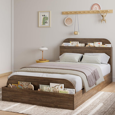 Base de lit en bois avec tête de lit avec rangement - Lit plateforme pour petit avec pied surélevé, lattes en bois robustes (aucun sommier requis), assemblage facile