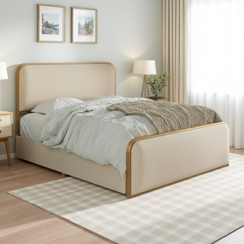 Upholstered Bed with Storage, Queen, Beige/Gold, Storage Included