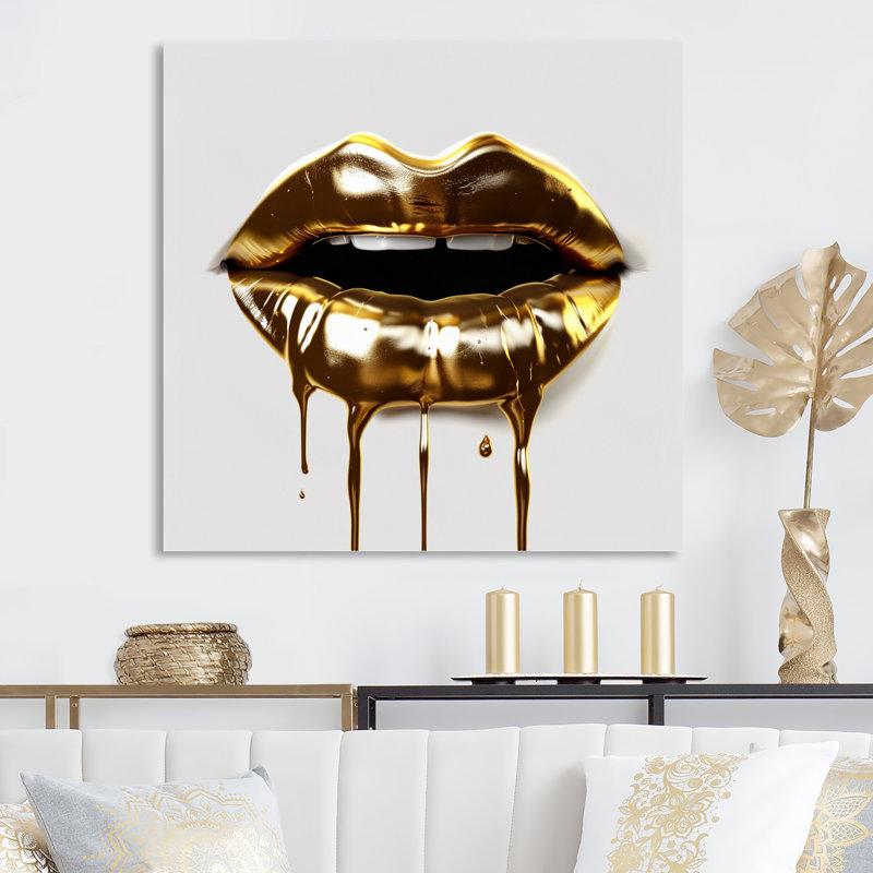 Impression sur métal doré Lips of Luxury VI, H 16 po x l 16 po x P 1 po
