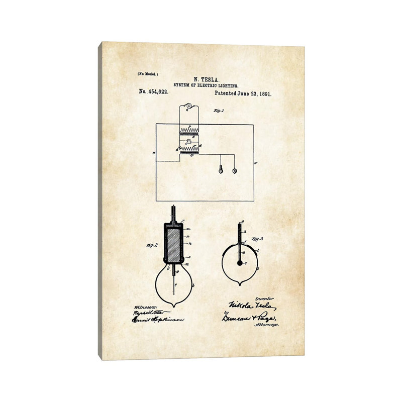 «Nikola Tesla Light Bulb» par brevet77 - reproduction de dessin sur toile tendue, H 26 po x l 18 po x 1,5 po