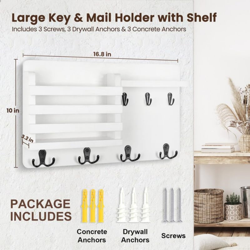Rustic Dark Brown Wood Wall Mounted Mail Organizer with Key Hooks