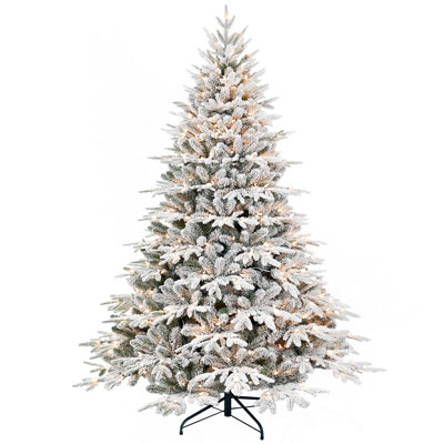 Pre-Lit Flocked Artificial Christmas Tree with Warm White Incandescent Lights & Partial Memory Wire Branches & Foldable Metal Stand