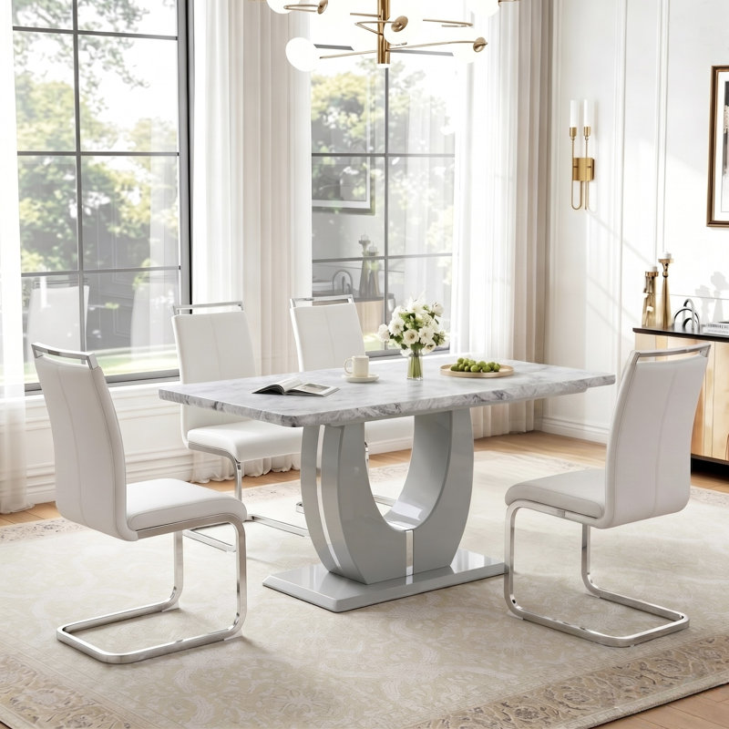 Contemporary 5-Piece Faux Marble Dining Table Set with Four Cantilever Chairs, White, Gray