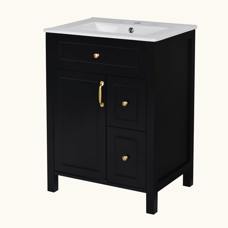 Meuble-lavabo de salle de bain avec lavabo en céramique et deux supports de rangement sur la porte, Noir, noir, noir, noir