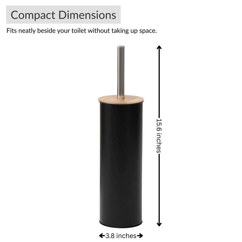 Metal Toilet Brush and Holder Set With Bamboo Lid, Black