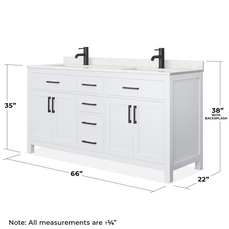Beckett 66" Freestanding Double Bathroom Vanity with Cultured Marble Top, White, Carrara Cultured Marble, Matte Black