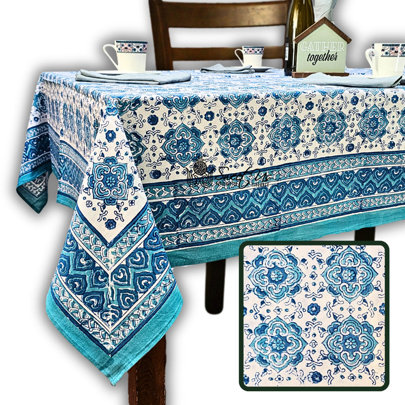 Nappe 100% coton faite à la main, 104 po x 88 po, Bleu