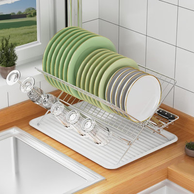 Égouttoir à vaisselle en acier inoxydable avec égouttoir, égouttoir à vaisselle pliable à 3 niveaux pour évier de cuisine, égouttoir pliable avec porte-ustensiles et support à tasses réversible