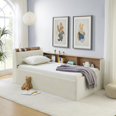 Twin Velvet Height Adjustable Day Bed with Storage Headboard, Wireless Charging and Trundle, Beige by George Oliver