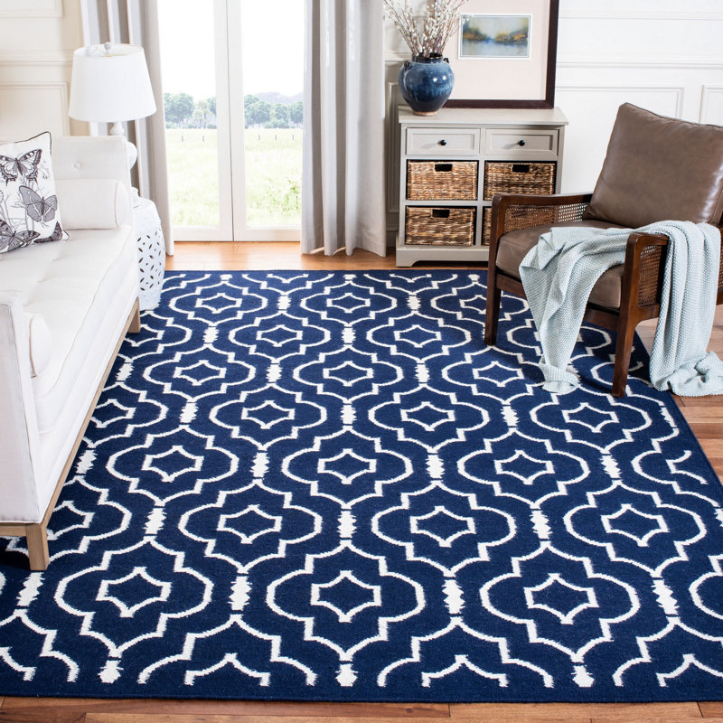 Rodgers Hand Woven Flat Weave Wool/Cotton Geometric Rug in Blue/Ivory, Rectangle 5' x 8'