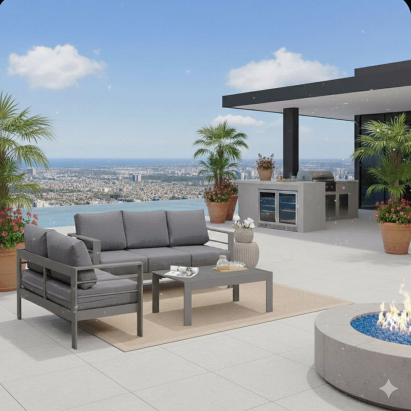 3-Piece Modern Aluminum Patio Conversation Set, 5-Seat Outdoor Sofa With  Thick Dark Gray Cushions & Gray Frame And Coffee Table