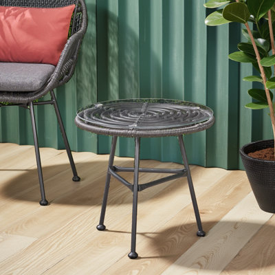 Outdoor Faux Rattan Side Table - Tempered Glass Top & Frame For Balcony/porch/deck