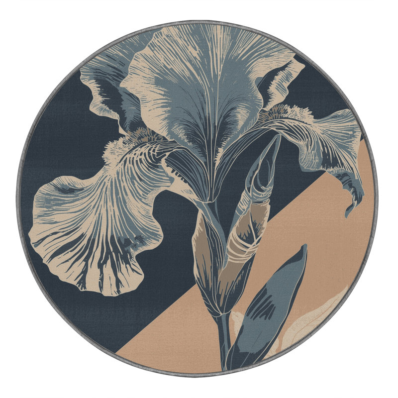 Tapis à motif floral Ortencia Iris lavable à la machine - Gris, Rond 6 pi