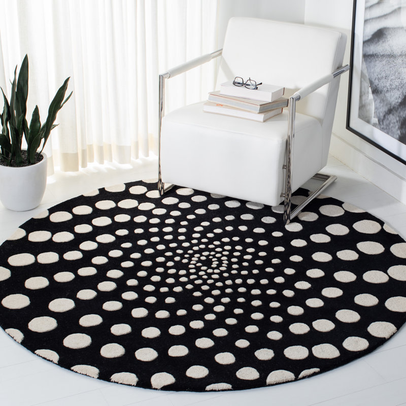 Tapis noir en laine touffeté à la main à motif abstrait Jorie, Rond 6 pi