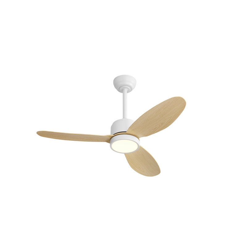 Ventilateur de plafond 42 pouces 3 pales en ABS pour l'intérieur et l'extérieur avec DEL intégrée et télécommande, grain de bois blanc et naturel