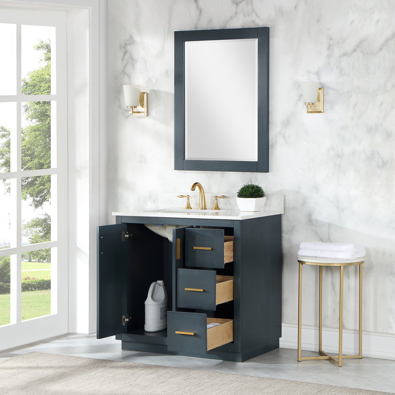 Gazsi 36" Single Bathroom Vanity Set With Grain White Engineered Stone Countertop With Mirror, Charcoal Blue