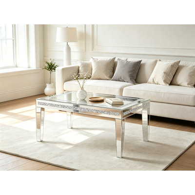 Crystal Frame Rectangular Mirrored Coffee Table with Crushed Diamond Inlay