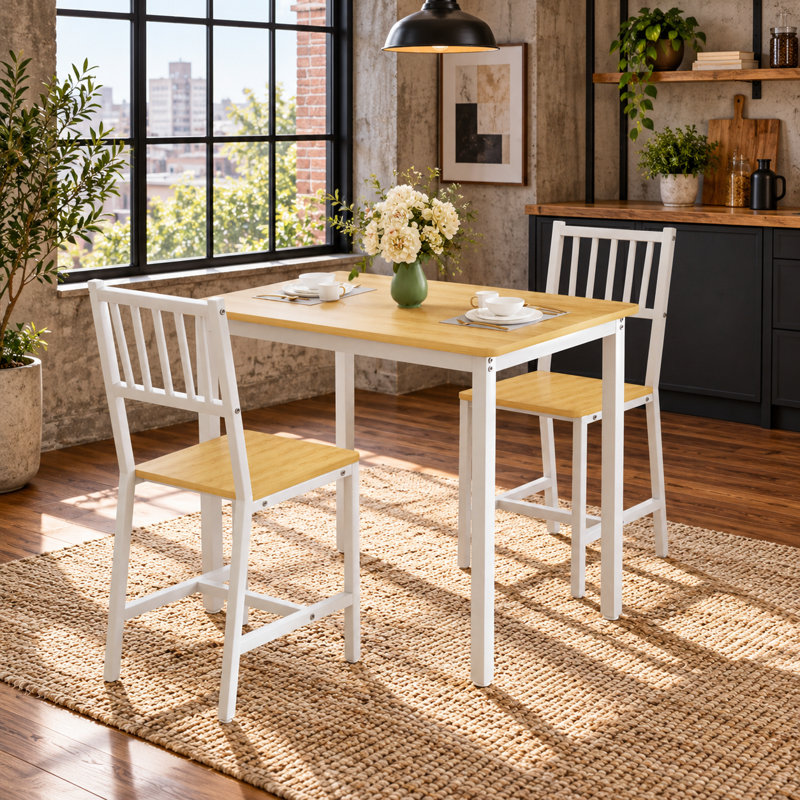 Ensemble de salle à manger 3 pièces pour petit espace, table de cuisine moderne et 2 chaises pour coin-repas, Naturel, Blanc