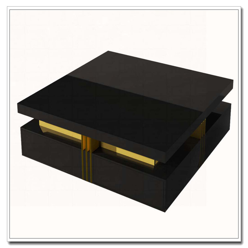 Glossy Square Storage Coffee Table With 4 Drawers, Black, Wood