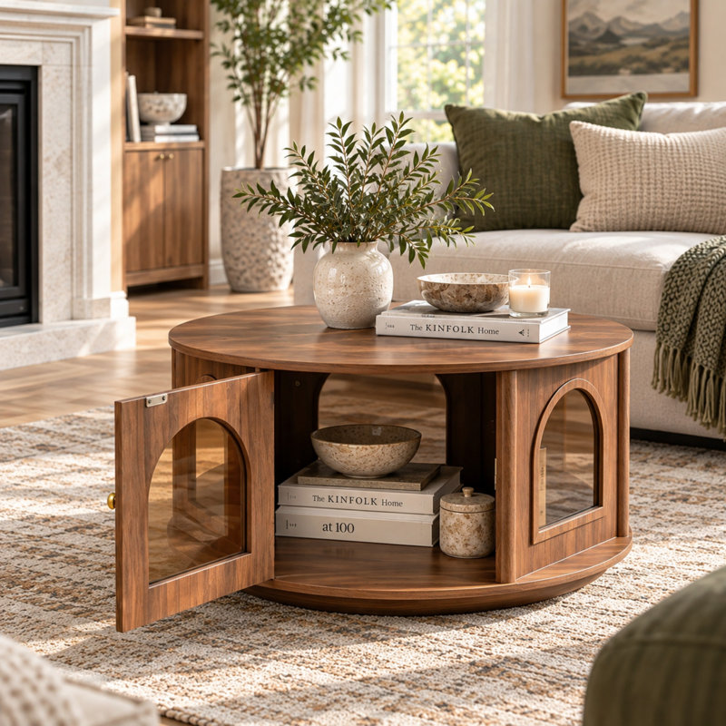Table basse ronde avec niche pour animaux et rangement dissimulés