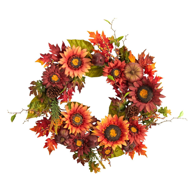 Autumn Sunflower Pumpkin Pinecone and Berries Wreath