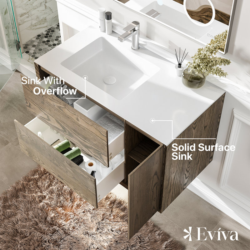 Eviva Ciocco 35 in. W Solid Wood Bath Vanity in Walnut with White Solid Surface Top with White Sink