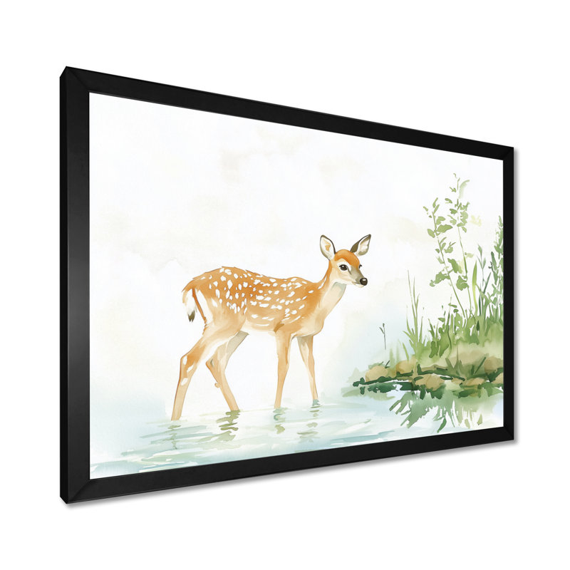 «Deer By The River III» - impression murale de cerf, Reproduction encadrée d'une seule photo sans pass, Noir