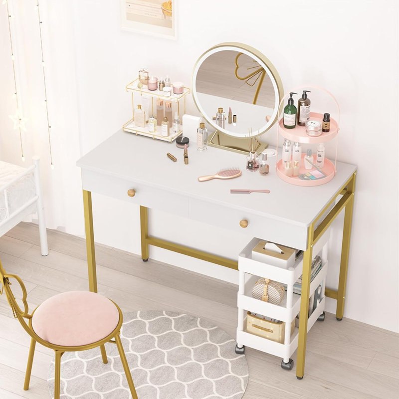  Bureau d'ordinateur avec tiroirs, bureau personnel pour écrire, étudier et jouer - poste de travail robuste et spacieux pour PC et ordinateur portable (blanc et doré)