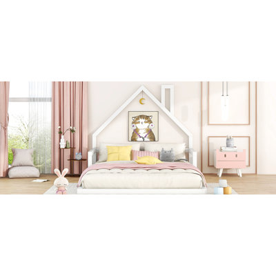 Lit double en bois blanc avec tête de lit en forme de maison - Motif fascinant