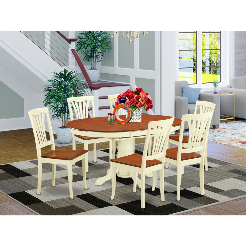 7 Piece Dining Room Furniture Set Consist of an Oval Kitchen Table with Butterfly Leaf and 6 Dining Chairs, Buttermilk & Cherry