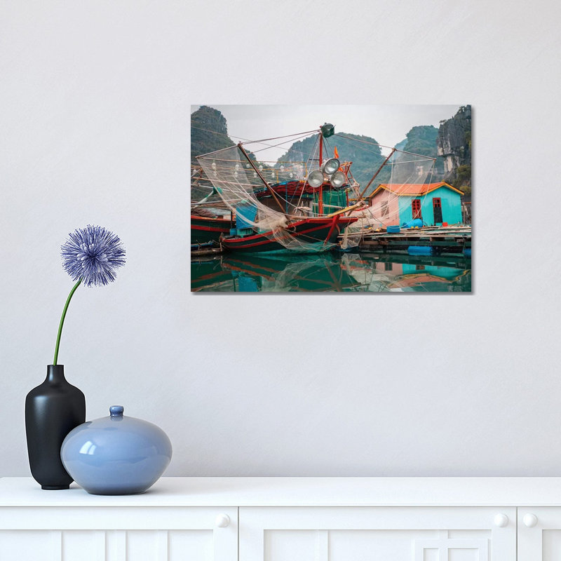 Asia, Vietnam, Quang Ninh, Ha Long Bay. Colourful Fishing Boat At Its Dock Is Reflected In Calm Bay Waters. by Bryce Merrill - Wrapped Canvas Gallery-Wrapped Canvas Giclée