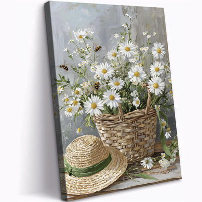  Daisy Flower Canvas Wall Art Rustic Country Botanical Prints, Serene Basket Still Life Painting Farmhouse Spring Picture Artwork Decor for Bedroom Bathroom Living Room, 12x16 inches