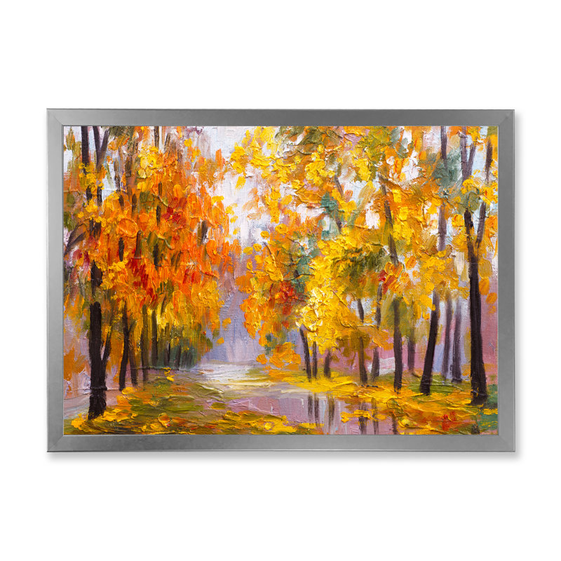 Forêt pleine de feuilles tombées en automne - peinture sur toile, H 30 po x l 40 po x 1,5 po, Encadrement argenté