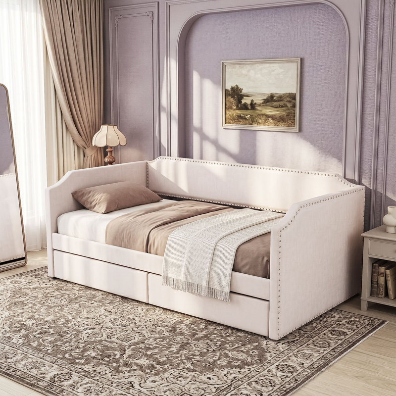 Twin 2 Drawers Upholstered Daybed with Slats, Beige