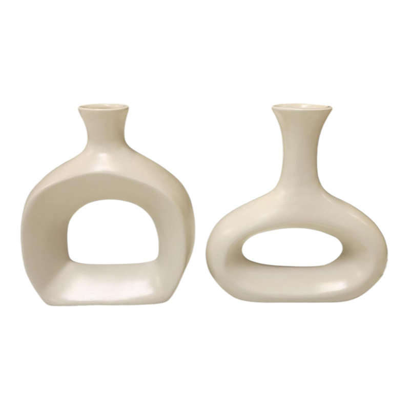 Vases de table sculpturaux modernes en céramique pour la décoration intérieure - Grand vase ouvert à fleurs pour le salon ou une étagère - Lot de 2, 18 cm et 15 cm, ivoire et blanc