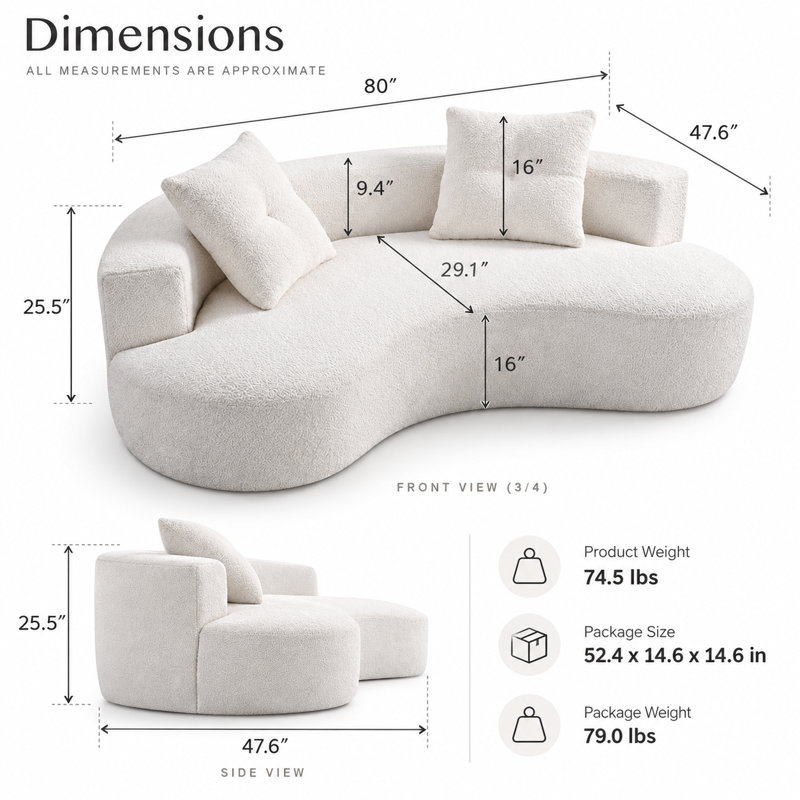 Causeuse incurvée Boneless de 80 po pour les petits espaces, canapés courbés pour le salon, canapé à compression dans une boîte avec 2 coussins, petit canapé pour chambre à coucher avec accoudoirs larges et mousse à mémoire de forme, aucun assemblage requis