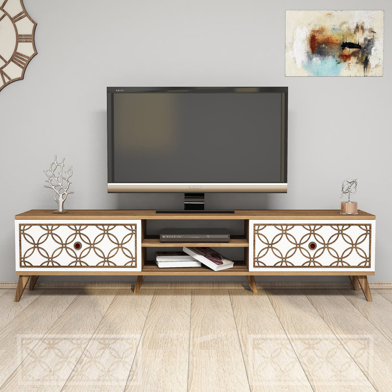 Modern TV Stand with Numerous Shelves, Walnut & White, 70.9 x 17.3 x 13.8 inches | 100% Melamine Coated Particle Board, 0.7 inches Thick | Wall-Mountable, Stylish Geometric Design for Living Rooms