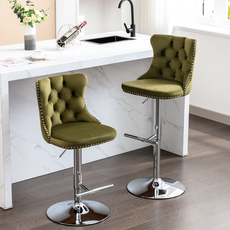 Siège pivotant 360 °, revêtu de velours, dossier, olive, 2 pour la maison et la cuisine de pub de 2, pivotant, hauteur 25 - 33 pouces, îlot olive