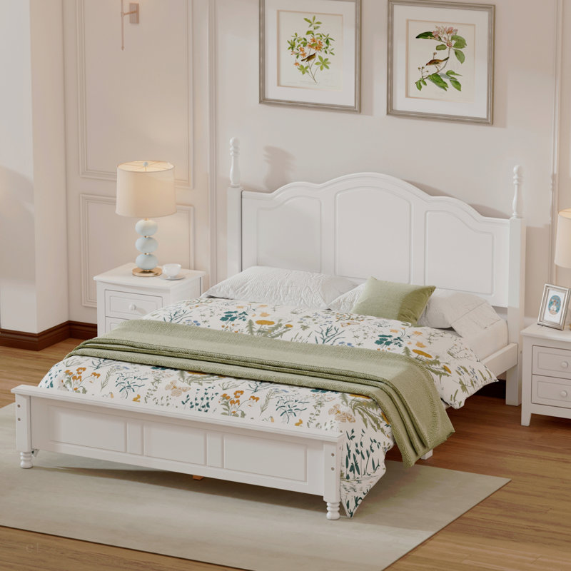Base de lit plateforme en bois grand format, lit plateforme de style rétro avec support en lattes de bois, Grand lit, Blanc