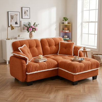 70" Cloud Quilted Tufted L-Shaped Loveseat Sofa with Ottoman and 4 Pillows Orange Chenille Fabric
