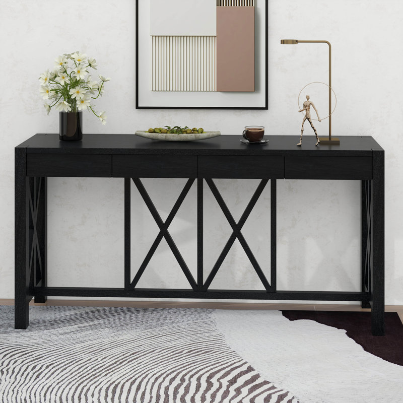 60'' Acacia Veneer Console Table With 4 Drawers, X-Design Entryway Table With Open Bottom Storage, Solid Acacia Legs, Black