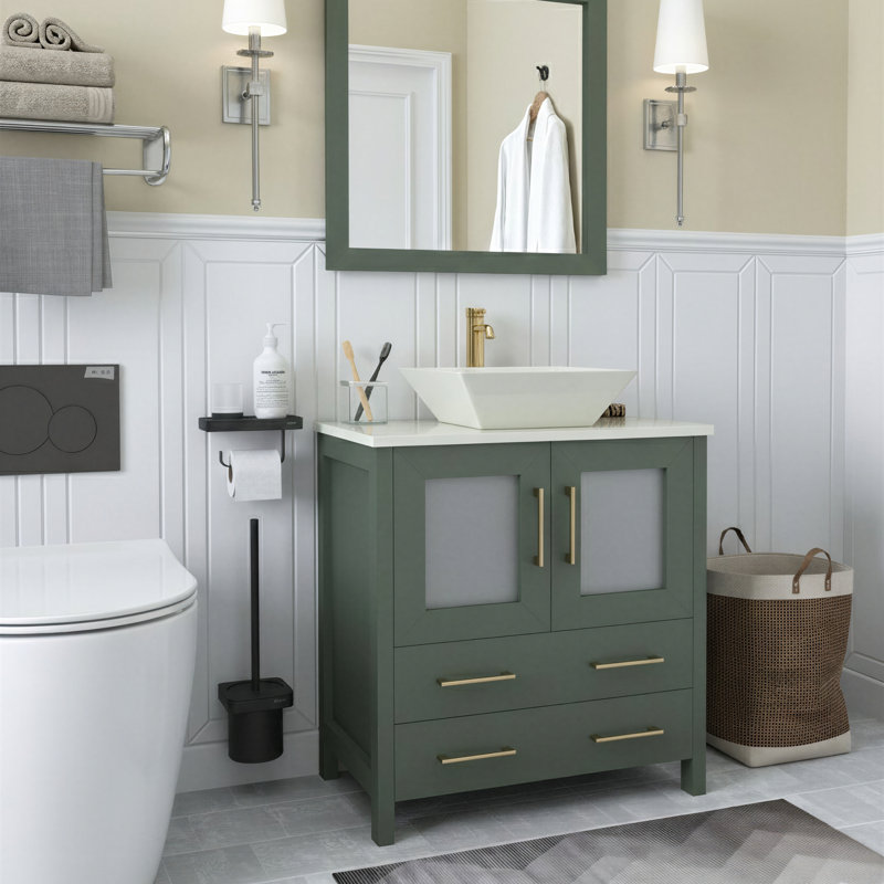 Meuble-lavabo autoportant à simple cuve 30 "avec plateau en marbre et miroir assortis Ravenna, Vert rétro, l 30 po