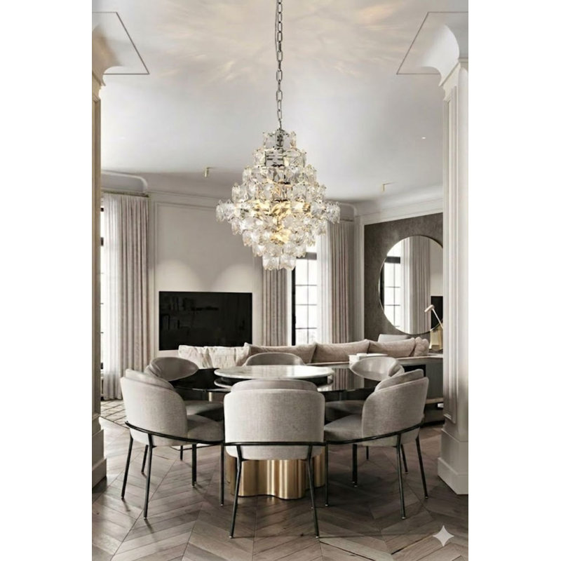 Lustre 12 lumières en acier inoxydable chromé avec détails en cristal transparent, Chrome